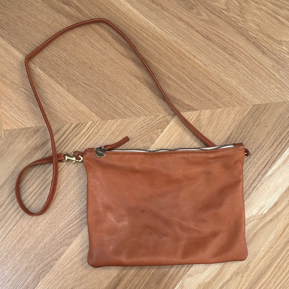 Clare V Brown Leather Tab Bag w Crossbody Strap